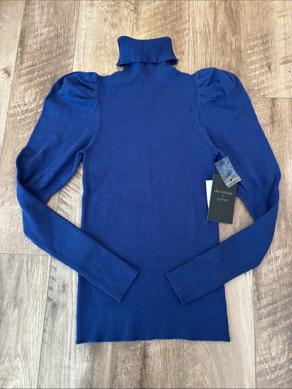 Cyrus Royal Blue Ribbed Puff-Sleeve Turtleneck Sweater